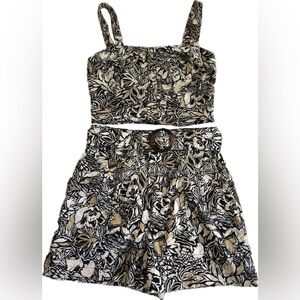 Jason Wu Two Piece Shorts Set with Belt Black and Cream Floral Pattern